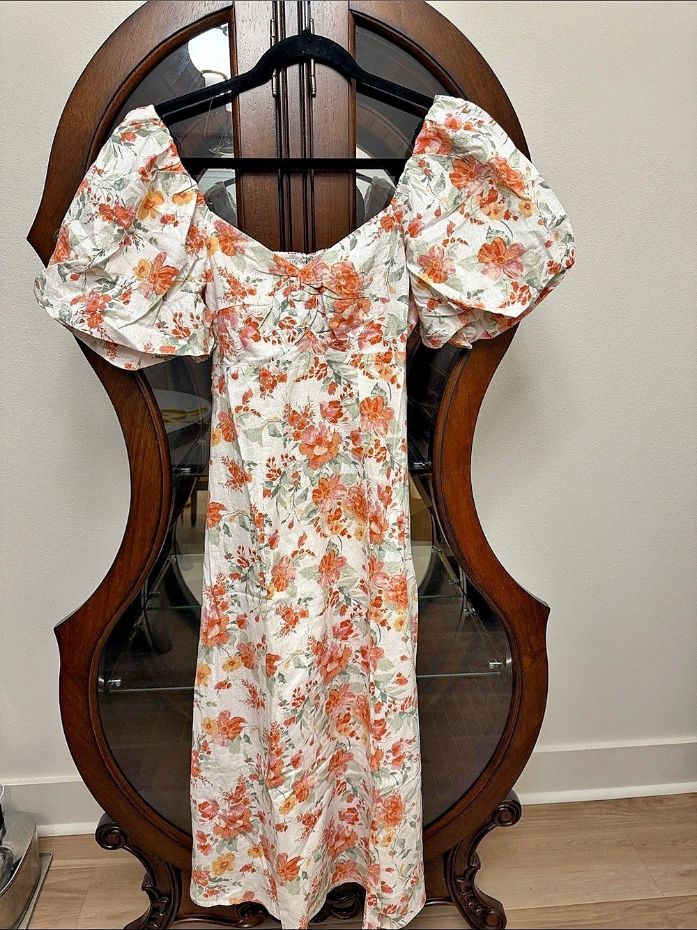 Avec Les Filles Floral-Print Puffed-Sleeve Midi Dress Size 8